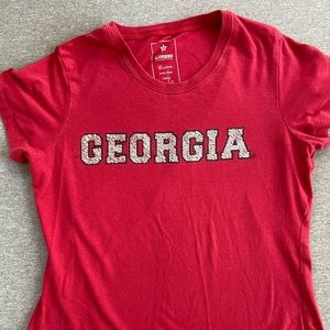 red shirt, bedazzled ‘Georgia’, Georgia university t-shirt, cropped shirt